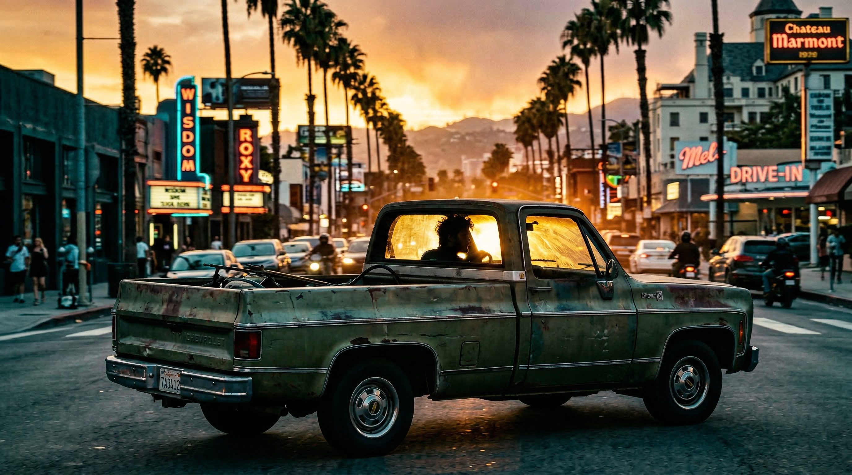 Chevy Silverado cruising down Sunset Boulevard at golden hour